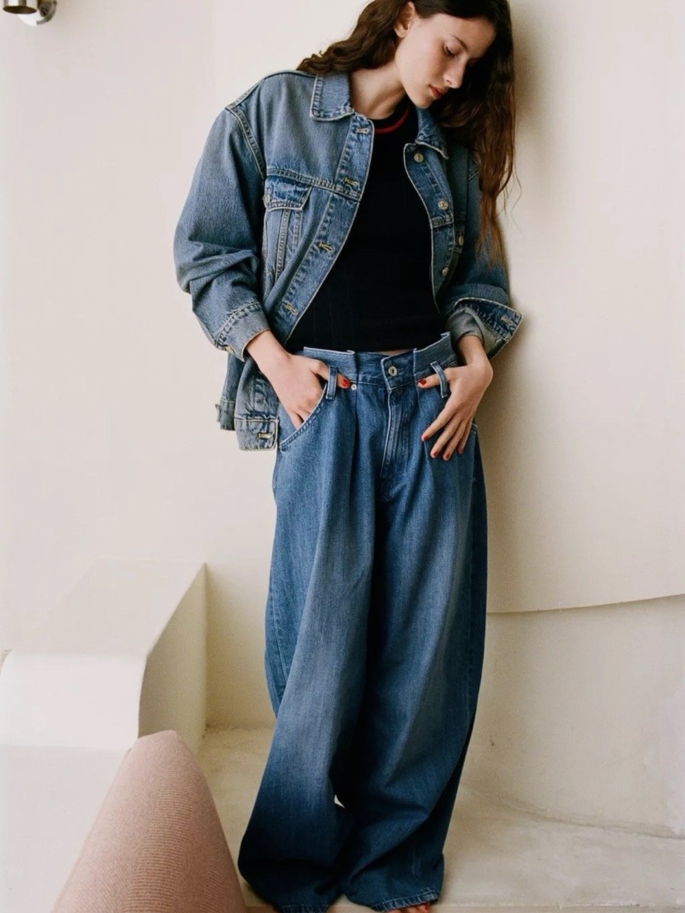Zara Waist Bag Wide-Leg High-Rise Blue Denim Jeans